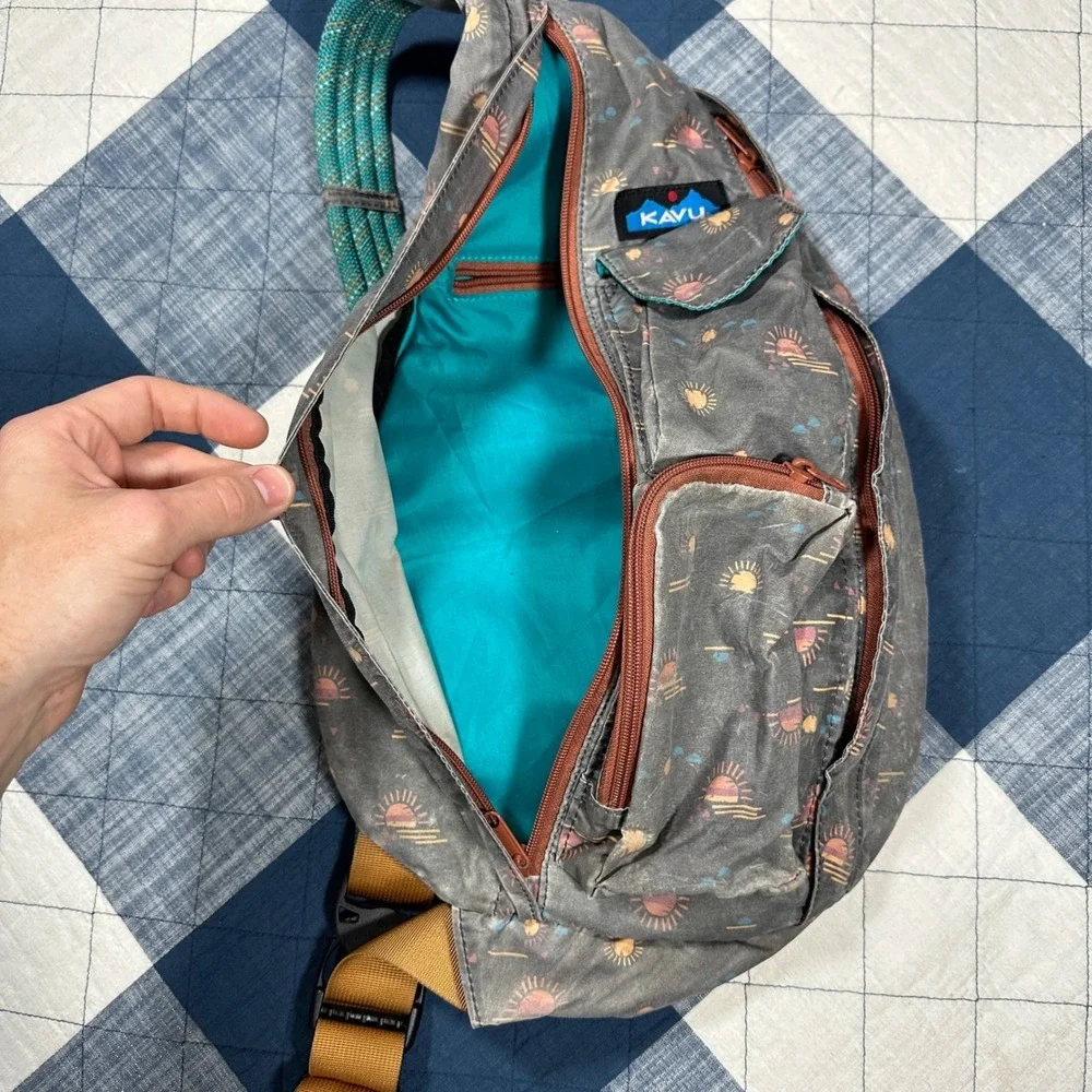 KAVU Rope Bag Sling Backpack Sun Mirage Print Grey Canvas Crossbody Bag